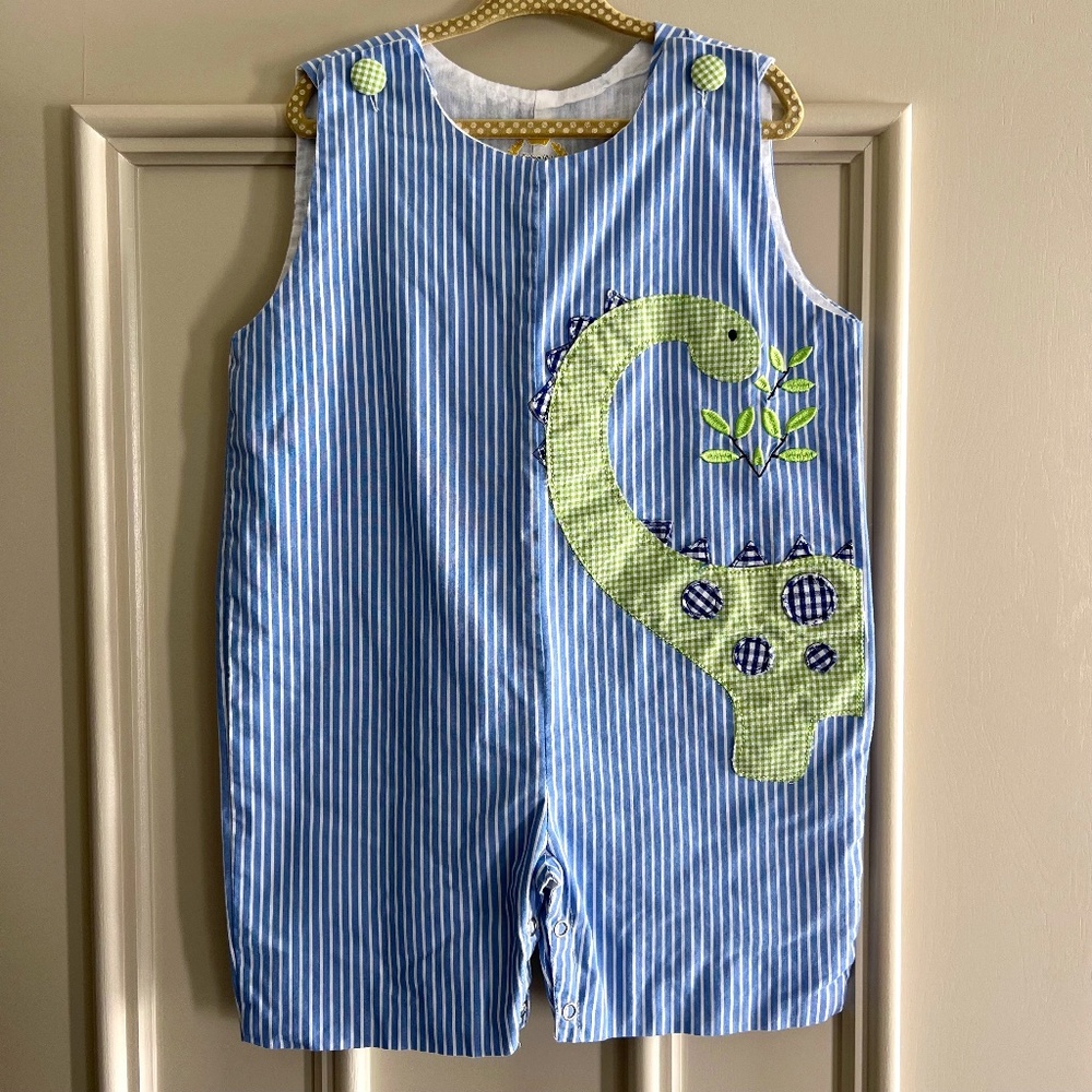 John John in Blue Stripe with Green Gingham Dinosaur | 3T